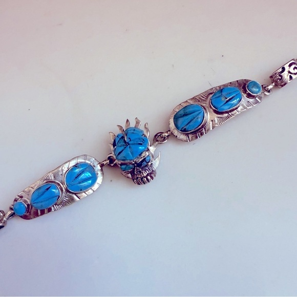 NWOT Unisex Handmade Sterling Silver and Genuine Turquoise Skull Bracelet - Picture 7 of 8